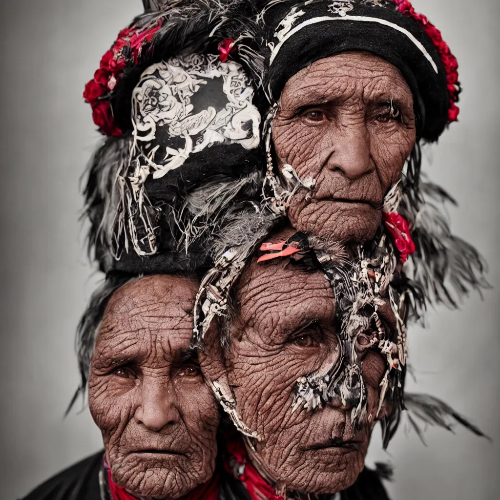 Prompt: a portrait photograph of an old indigenous tattooed man wearing black scarf and color rays helmet mask in porcelain editorial fashion photography beautiful eyes, close up shot, haute couture stares at the camera, cannon ef 1 0 5 mm f / 2. 8 in the grand budapest hotel, stars, bruce gilden