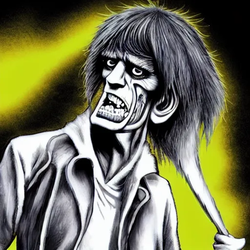 Prompt: Murdoc is based on Keith Richards of The Rolling Stones.sickly green colored skin, and yellow colored eyes, with a red pupil in his right eye. He also has a misshapen nose and sharp yellow teeth and a large grin. He has a black mop top that covers a portion of his face and hides his eyebrows, wearing a grey or black sweater and grey or blue jeans with cuban heel boots and an inverted cross necklace. He sometimes wears a purple and red cape