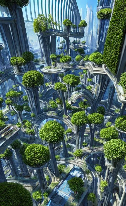 Prompt: biophilic futuristic cyberpunk suspended city gardens architectural landscape, fluidity, colorful flowers, porcelain, beautiful morning light, canal bridge paths pedestrian cafes, interior, water, metallic, grass, trees, modular buildings, vincent callebaut composition, high detailed, ultra sharp, 3 d, 8 k, unreal engine, hdr
