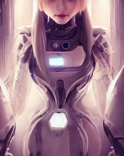 Image similar to detailed portrait of perfect android girl, warframe armor, beautiful face, scifi, futuristic, space station, laboratory, song hye - kyo, dreamy, long white hair, blue cyborg eyes, cinematic lighting, innocent, highly detailed, sharp focus, smooth, artstation, intricate, award winning, pure aura, divine, by akihiko yoshida