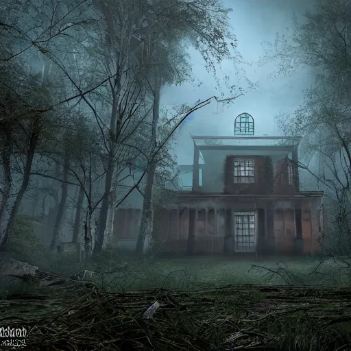 Image similar to Abounded Asylum in the middle of a dense forest, Dynamic lighting, Realism, Realistic,