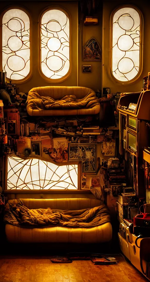 Image similar to telephoto 7 0 mm f / 2. 8 iso 2 0 0 photograph depicting the feeling of chrysalism in a cosy safe cluttered french sci - fi art nouveau cyberpunk apartment in a dreamstate art cinema style. ( sofa ) ( ( fish tank ) ), ambient light.