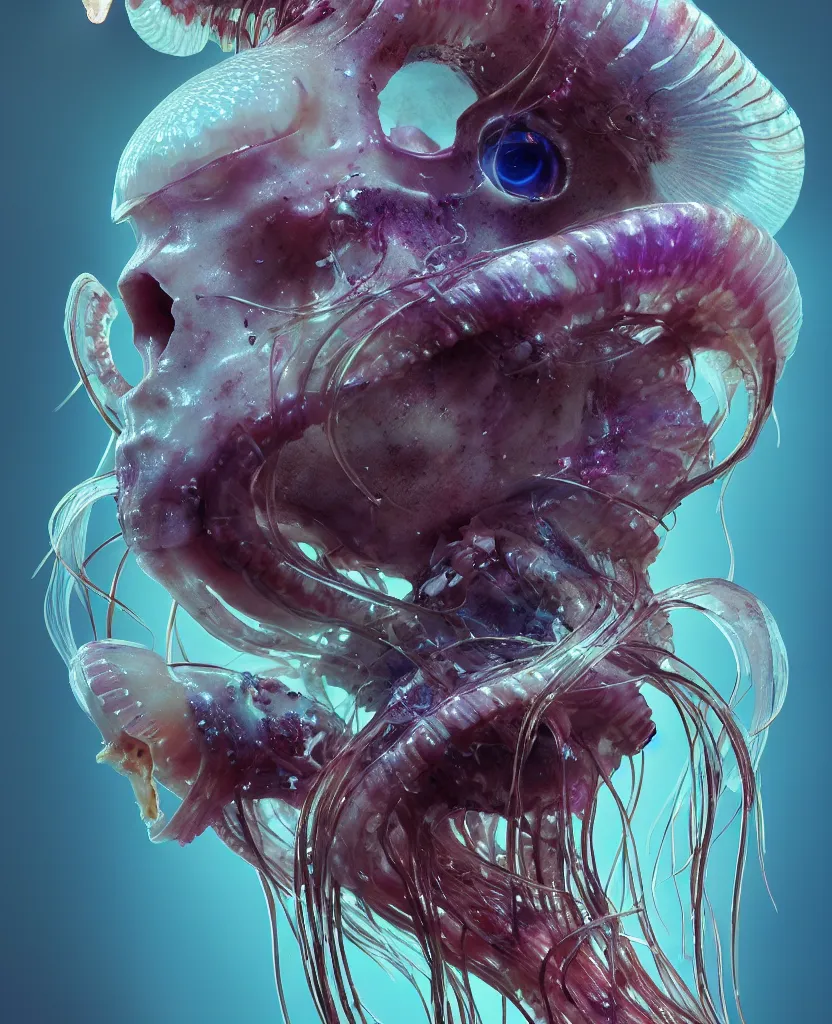 Image similar to goddess close-up portrait ram skull. jellyfish phoenix head, nautilus, orchid, skull, betta fish, bioluminiscent creatures, intricate artwork by Tooth Wu and wlop and beeple. octane render, trending on artstation, greg rutkowski very coherent symmetrical artwork. cinematic, hyper realism, high detail, octane render, 8k