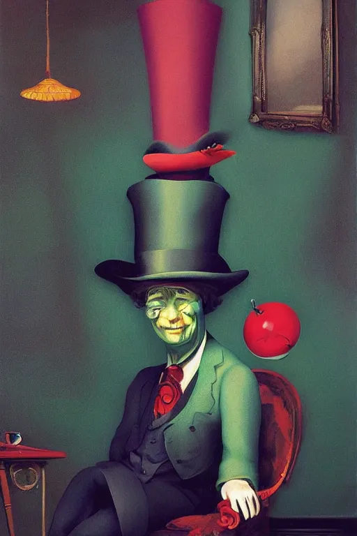 Image similar to Mr Hatter portrait in the wonder trash land Edward Hopper and James Gilleard, Zdzislaw Beksisnski, higly detailed