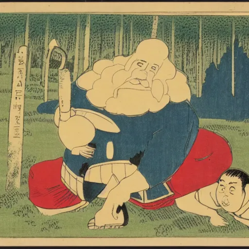 Image similar to late meiji period, colored woodblock print, paul bunyan and babe the blue ox