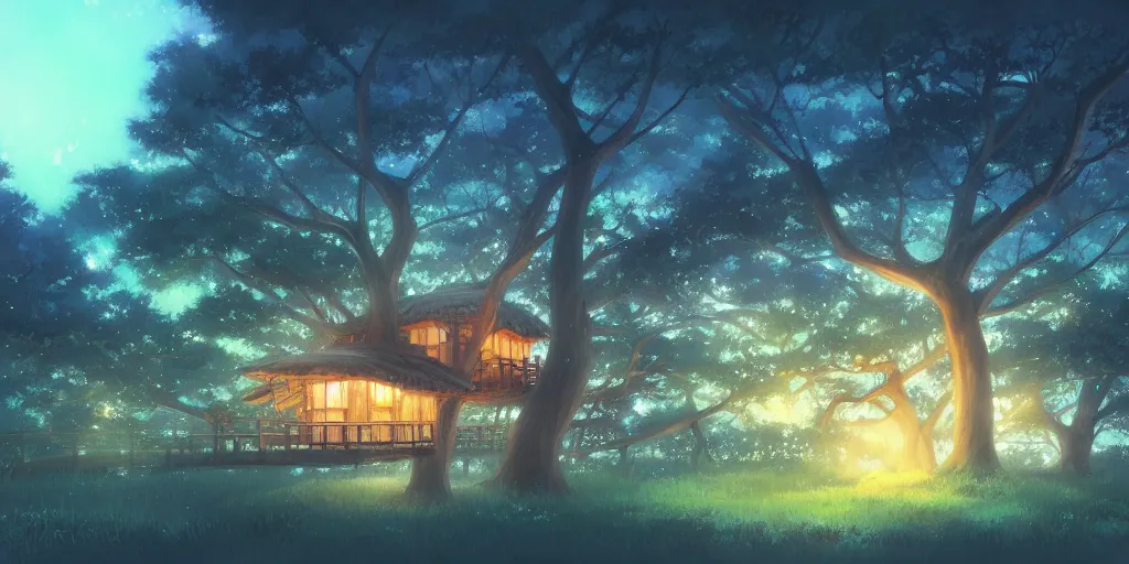 Prompt: beautiful anime painting of a treehouse at nighttime, by makoto shinkai, koto no ha no niwa, artstation, atmospheric.