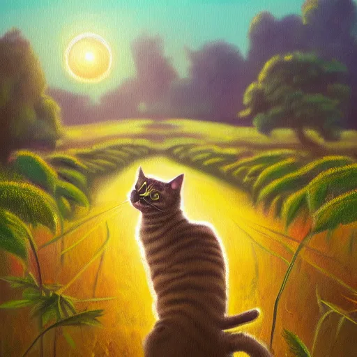 Image similar to a detailed oil painting of a smirking cat wandering through a field of cannabis plants, artstation, colorful, sunrise