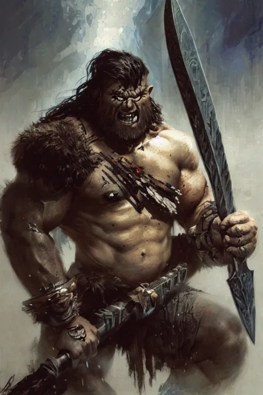 Image similar to tattooed, muscled half - orc barbarian champion with a full dark beard and steely eyes surrounded by spirits wielding a jagged axe portrait dnd, painting by gaston bussiere, craig mullins, greg rutkowski, yoji shinkawa