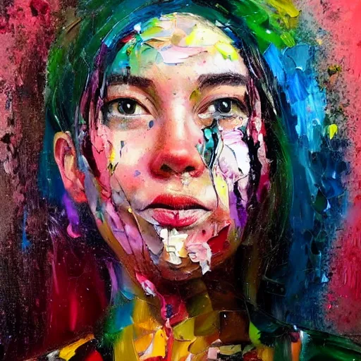 Image similar to highly detailed palette knife oil painting of a woman in the style of David Choe