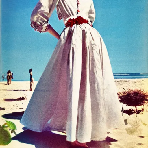 Image similar to 1 9 7 6 italia vogue magazine photo of a dress with cotton set, christian dior style, flowers and mediterranean beach fake background painting