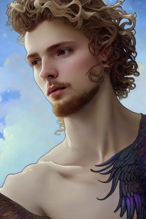 Image similar to portrait of a beautiful young fit male angel with curly blond hairs, dressed with fluent clothes, majestic wings, luminous halo, by greg rutkowski and alphonse mucha, d & d character, gradient white to gold, in front of an iridescent background, highly detailed portrait, digital painting, artstation, concept art, smooth, sharp focus ilustration, artstation hq