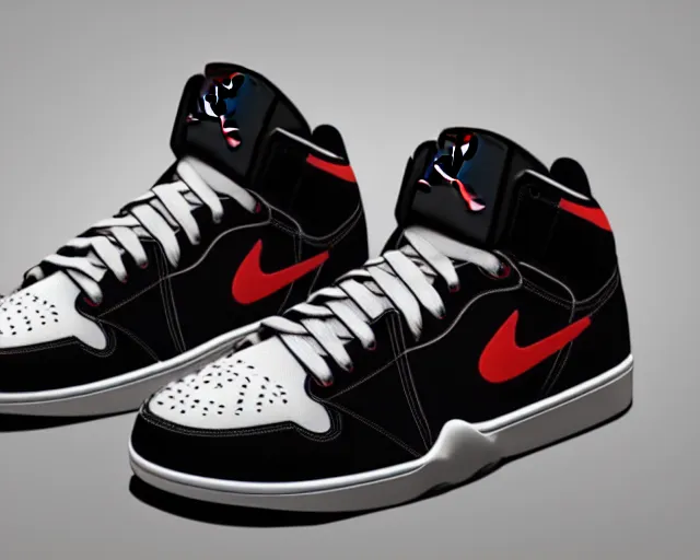 Image similar to 3D render of mid height air jordan sneakers with joker design, cinematic, studio lighting, award winning