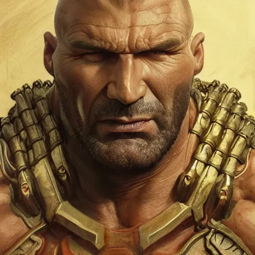 Prompt: ultra realistic illustration,, a hulking herculean dave bautista with leather armour, from doom and warhammer, intricate, elegant, highly detailed, digital painting, artstation, concept art, smooth, sharp focus, illustration, art by artgerm and greg rutkowski and alphonse mucha