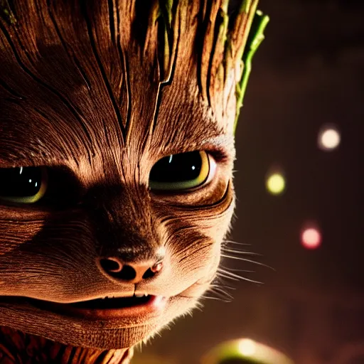 Image similar to movie still of groot as a cat, 4 k, bokeh, dramatic lighting