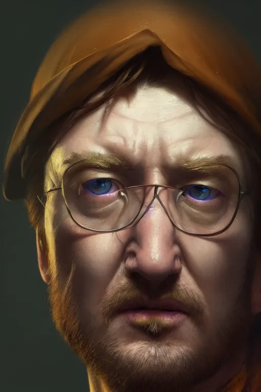 Image similar to ultra detailed close up facial portrait of rhys darby, extremely detailed digital painting, in the style of fenghua zhong and ruan jia and jeremy lipking and peter mohrbacher, mystical colors, rim light, beautiful lighting, 8 k, stunning scene, raytracing, octane, trending on artstation