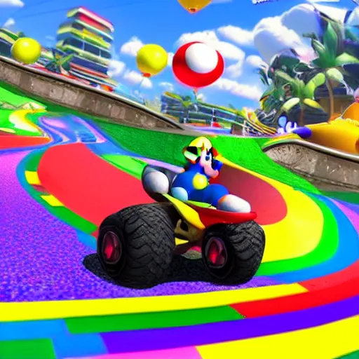 Image similar to Mario kart rainbow road, hyper realistic