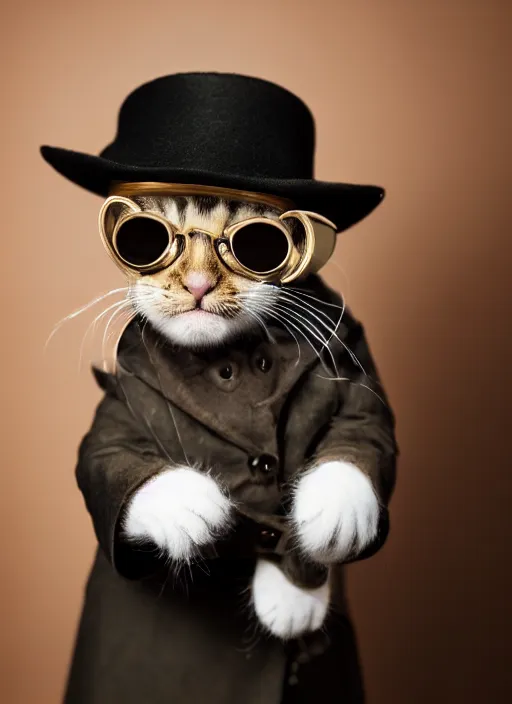 Prompt: portrait photo of kitten dressed like sherlock holmes wearing a hat a duster and round sunglasses, 8 k studio lighting, dramatic, left key light