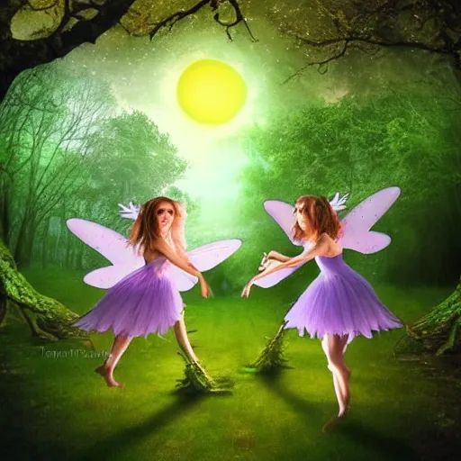 Prompt: Fairies dancing in the woods by full moon, realistic photo, surreal, beautiful, extremely detailed, trending on art station