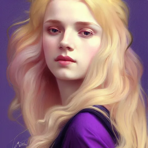 Prompt: portrait of a young blonde girl with a dark purple parrot, upper body, long hair, intricate, elegant, highly detailed, digital painting, artstation, concept art, matte, sharp focus, illustration, art by artgerm and greg rutkowski and alphonse mucha