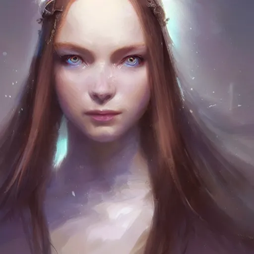 Prompt: portrait of a beautiful young woman with bright blue eyes, bunched dark hair, dressed in a white, detailed face, fantasy, highly detailed, cinematic lighting, digital art painting by greg rutkowski, trending on artstation, very very beautiful, very attractive