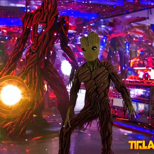 Image similar to groot and optimus prime dancing at techno party among people, wide shoot, after effect, ultra realistic