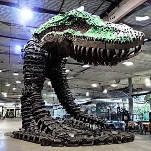 Prompt: photograph of a tyrannosaurus made of tires, recycled tire sculpture