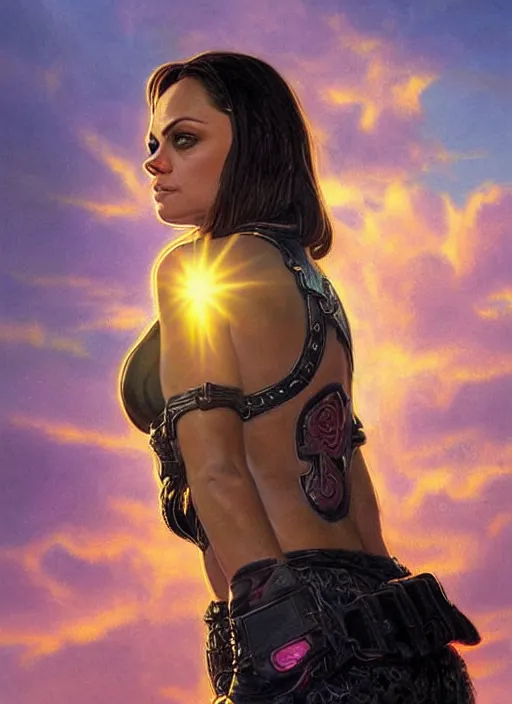 Image similar to epic portrait of Mila Kunis wearing black choker, a very strong muscled Amazon heroine, sun beams across sky, pink golden hour, intricate, elegance, highly detailed, shallow depth of field, epic vista, concept art, art by Artgerm and Donato Giancola, Joseph Christian Leyendecker