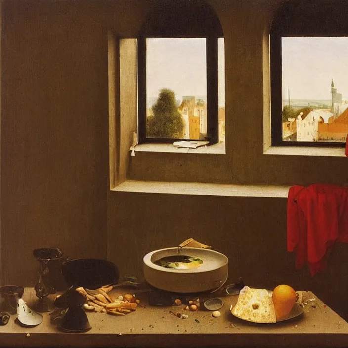 Image similar to melancholy still life with soup in a window frame. painting by frank sedlacek, jan van eyck