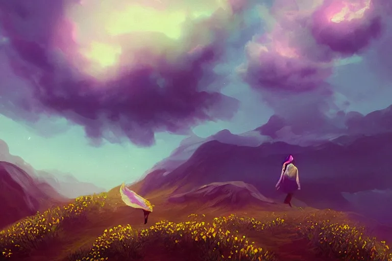 Image similar to giant dahlia flower over head, girl walking on mountain, surreal photography, stars, dramatic light, impressionist painting, storm clouds, digital painting, artstation, simon stalenhag