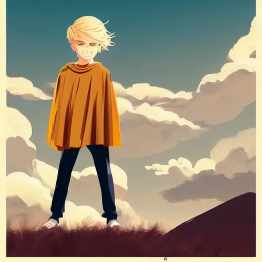 Image similar to blonde boy wearing a brown cape and flying in t pose, yellow eyes, clean cel shaded vector art. shutterstock. behance hd by lois van baarle, artgem, helen huang, by makoto shinkai and ilya kuvshinov, rossdraws, illustration