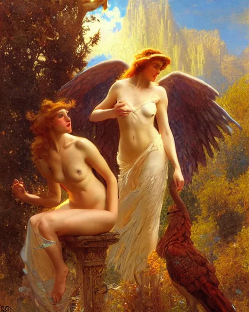 Image similar to harpies find a handsome man in the enchanted valley, painting by gaston bussiere, craig mullins, j. c. leyendecker