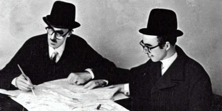 Prompt: an old black and white portrait photo of Fernando Pessoa at a table inside a cafe composing an astrological chart