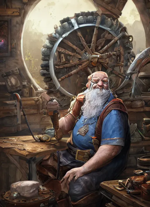 Prompt: An epic fantasy comic book style portrait painting of a an old tinker fat man working on a device in his workshop in the style of the wheel of time, unreal 5, DAZ, hyperrealistic, octane render, cosplay, RPG portrait, dynamic lighting