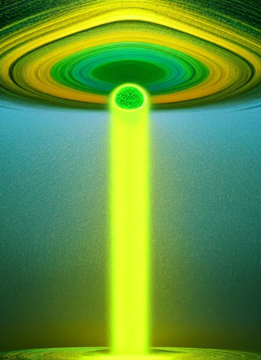 Prompt: a painting of a green and yellow swirl in the middle of a mountain, a computer rendering by mike winkelmann, shutterstock contest winner, nuclear art, tesseract, apocalypse art, concept art