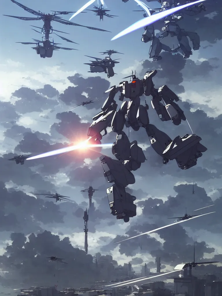 Image similar to Beautiful Epic scene of a beautiful gigantic Patlabor style mech being air lifted by futuristic helicopters above a futuristic Tokyo style military city, by Greg Rutkowski and Krenz Cushart and Pan_Ren_Wei and Hongkun_st and Bo Chen and Enze Fu and WLOP and Alex Chow, Madhouse Inc., anime style, crepuscular rays, set in rainy futuristic cyberpunk Tokyo street, dapped light, dark fantasy, cgsociety, trending on artstation