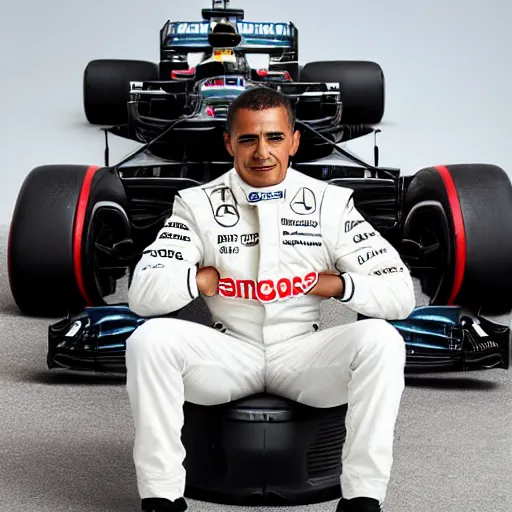 Image similar to a portrait of a mercedes f 1 driver in a white overall with the face of barack obama, outdoor, professional portrait photography, ambient light