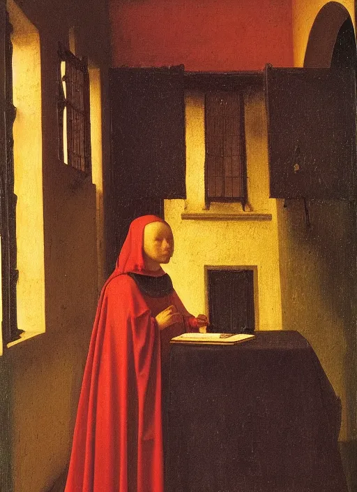 Image similar to red candle, medieval painting by jan van eyck, johannes vermeer, florence