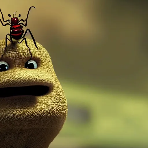 Prompt: king of ants, ant wearing crown ordering ant minions, cinematic, 4k, movie shot, ultra epic