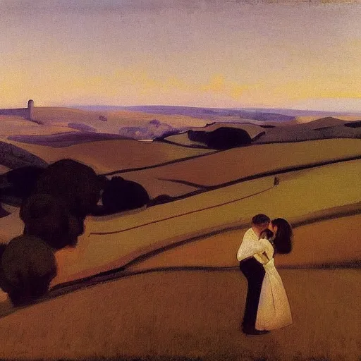 Image similar to a couple kissing, behind them is a window that shows a hilly landscape with vineyards, hopper