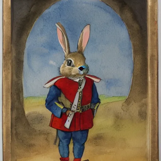 Prompt: A rabbit dressed as a carolean soldier, watercolour