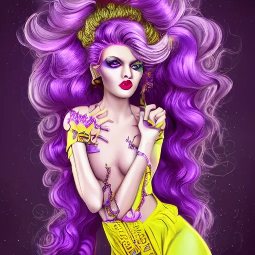 Image similar to Glam hair, rococo, 80s hair, Elf girl with purple skin, alien skin, purple elf, purple, purple-skinned elf, yellow hair, hairspray, big hair, wild hair, glam make-up, 80s, illustration, fantasy art, trending on ArtStation, 1980s fantasy art