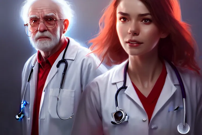 Image similar to a cute female doctor in a white coat, an old man with red t - shirt, cinematic, highly detailed, digital painting, artstation, concept art, matte, sharp focus, illustration, art by artgerm and greg rutkowski