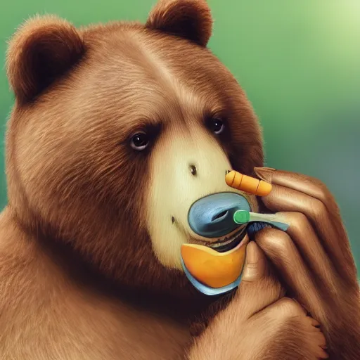 Image similar to a happy bear smoking a joint, photorealistic, 4 k