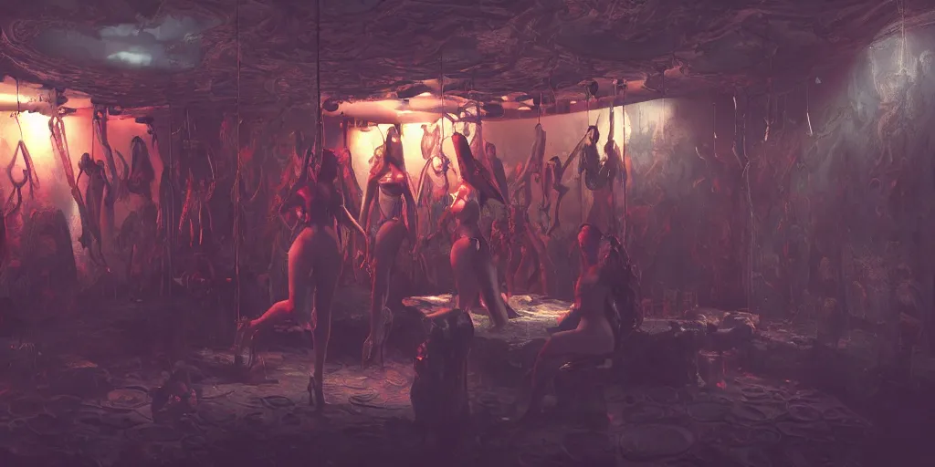 Prompt: 3d printed Women hanging at the night club diorama, Greg Rutkowski, Frank Frazetta, trending on Artstation, 8K, ultra wide angle, establishing shot, pincushion lens effect, zenith view