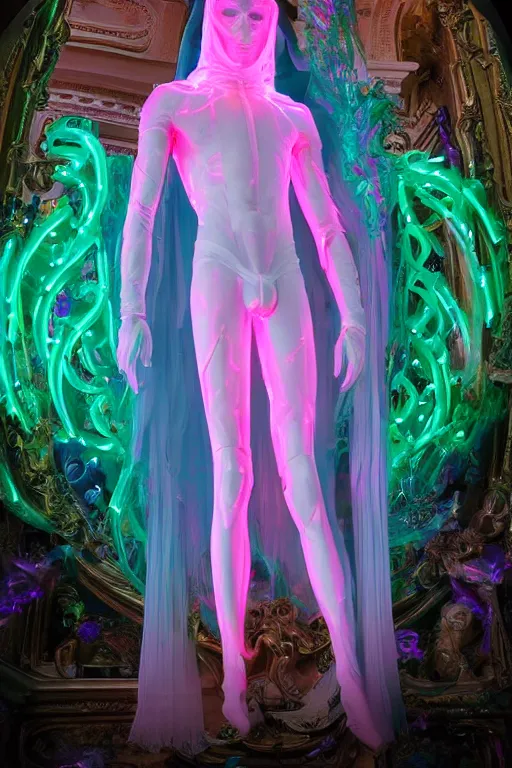 Prompt: full-body rococo and cyberpunk delicate neon crystalline sculpture of (((muscular slender Spanish male))) as an iridescent humanoid deity wearing a thin see-through ((plastic hooded cloak)) sim roupa, reclining con (las piernas abiertas), glowing pink face, crown of (((white lasers))), large diamonds, swirling black silk fabric. futuristic elements. oozing glowing liquid, full-length view. space robots. (((human skulls))). throne made of bones, intricate artwork by caravaggio. Trending on artstation, octane render, cinematic lighting from the right, hyper realism, octane render, 8k, depth of field, 3D