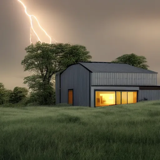 Image similar to exterior view of modern futuristic farm house architecture and barn, on a hill with a view overlooking the city, lightning in grey skies, detailed luminescent oil painting 4 k
