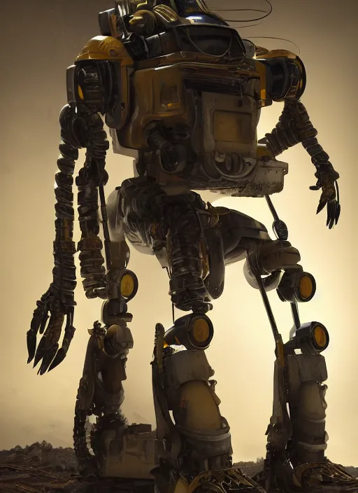 Image similar to a photorealistic dramatic hyperrealistic render of a futuristic exosuit power loader heavy machinery, ultra realistic details, glossy yellow, well worn, rust, oil stains by vitaly bulgarov and mike nash, beautiful dramatic dark moody tones and lighting, cinematic atmosphere, studio lighting, global illumination, shadows, dark background, octane render, 8 k