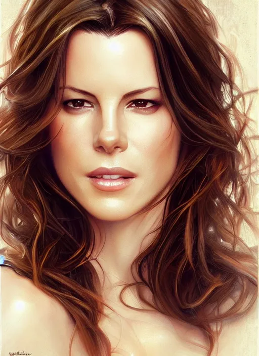 Prompt: Kate Beckinsale, body portrait, slight smile, highly detailed, digital painting, artstation, concept art, sharp focus, illustration, art by wlop and J. C. Leyendecker and Edmund Bliar Leighton and Charlie Bowater