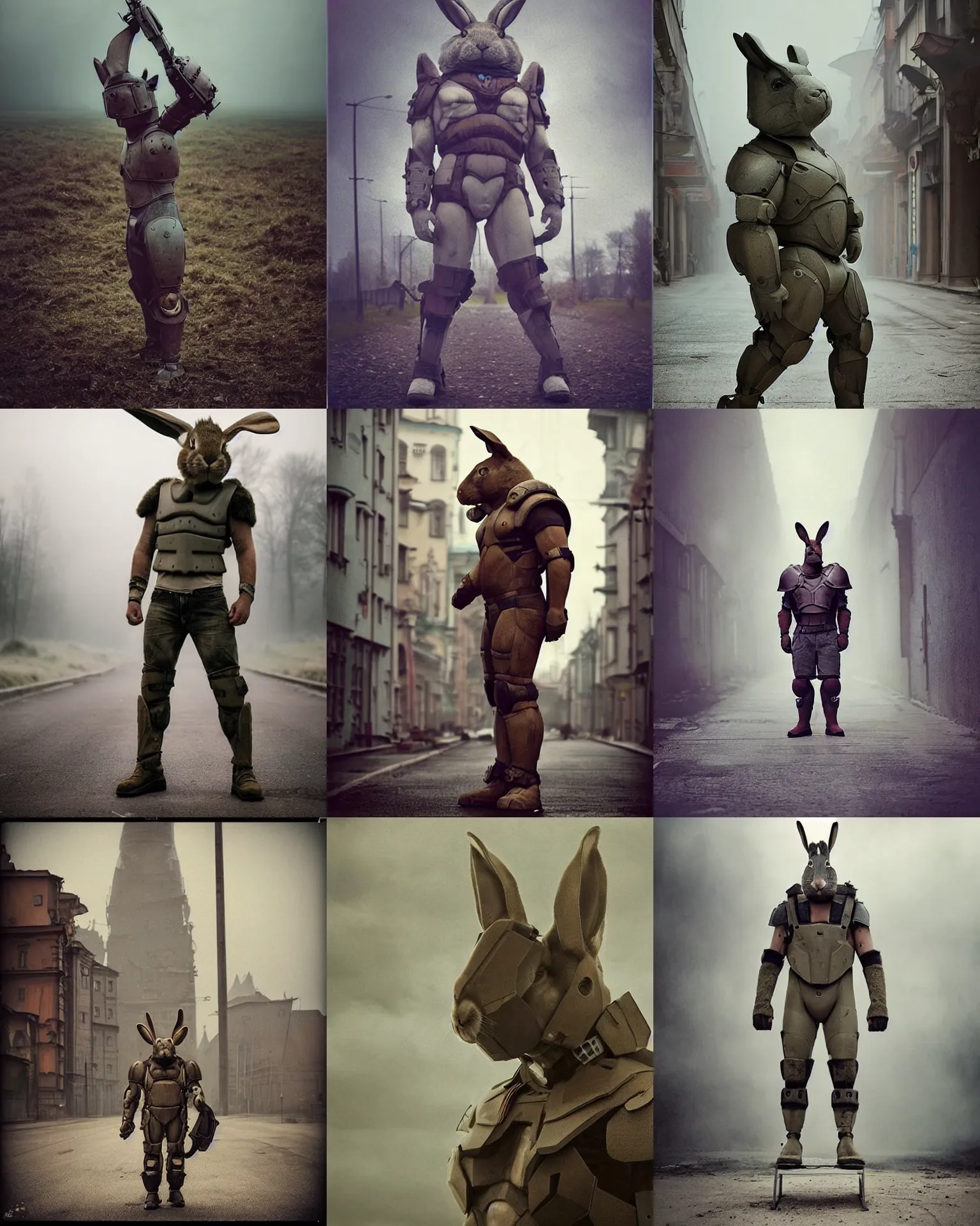 Prompt: epic pose!!! giant oversized bulky battle sci - fi chest armor anthropomorphic rabbit rugged hulked, in legnica, full body, cinematic focus, polaroid photo, vintage, neutral dull colors, soft lights, foggy mist, by oleg oprisco, by thomas peschak, by discovery channel, by victor enrich, by gregory crewdson