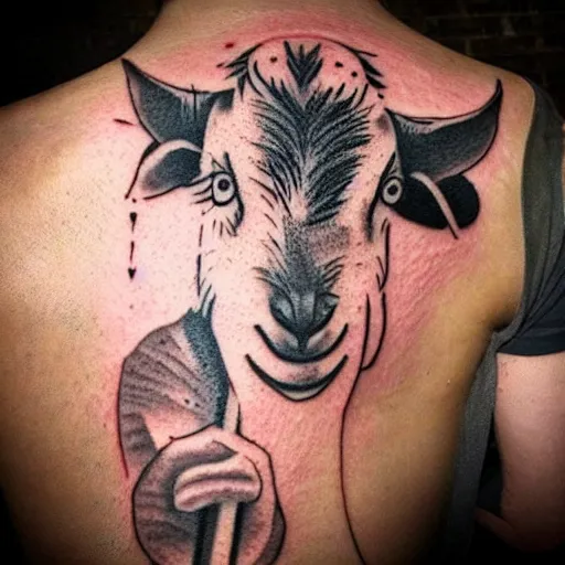 Image similar to a tattoo of a goat with a stick of dynamite in its mouth